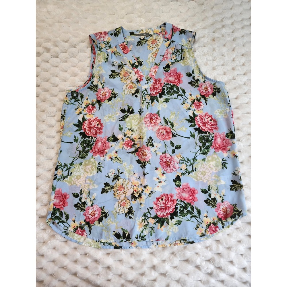 Pleione Blue Floral Sleeveless V-Neck Blouse Top Large